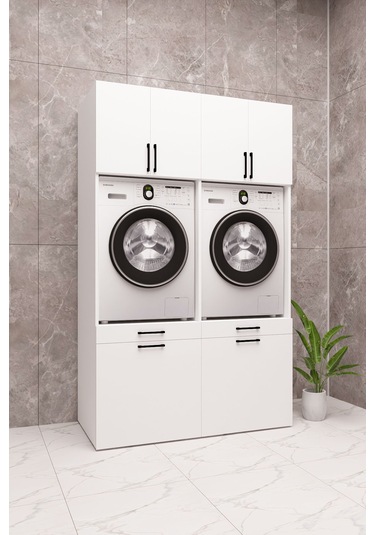 Mdf Çamaşır Makinesi Ve Kurutma Makinesi Dolabı Çift Sepetli Beyaz