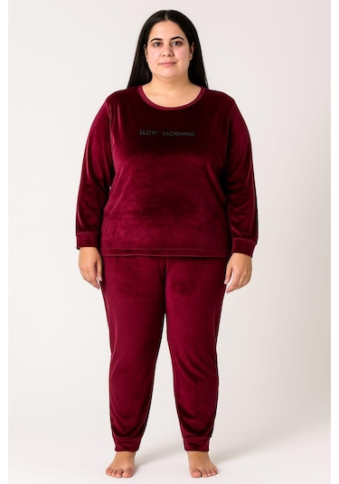 Kadın Büyük Beden 13212 Kadife Pijama Takımı Mürdüm MÜRDÜM