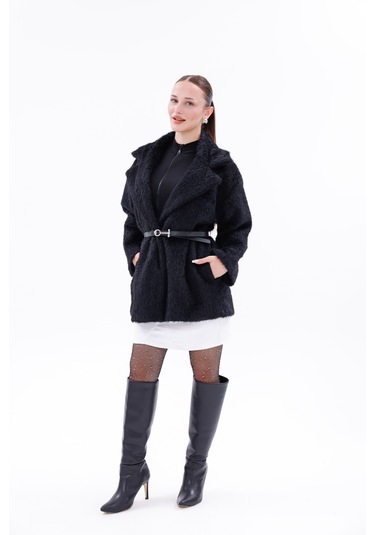 Kemer Detaylı-astarlı-düğmeli Kadın Kaban Siyah