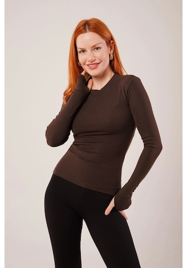 Uzun Kollu Basic Kahverengi Bluz Kahverengi