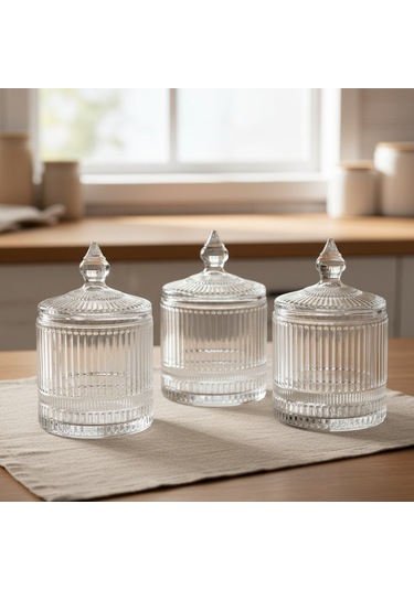 3'lü Line Çizgi Desen Kapaklı Cam Kavanoz Takımı 3 X 325 Ml. ŞEffaf