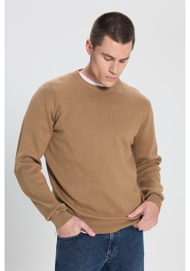 Regular Fit Normal Kesim Bisiklet Yaka Bej Triko Kazak W242724614 Bej