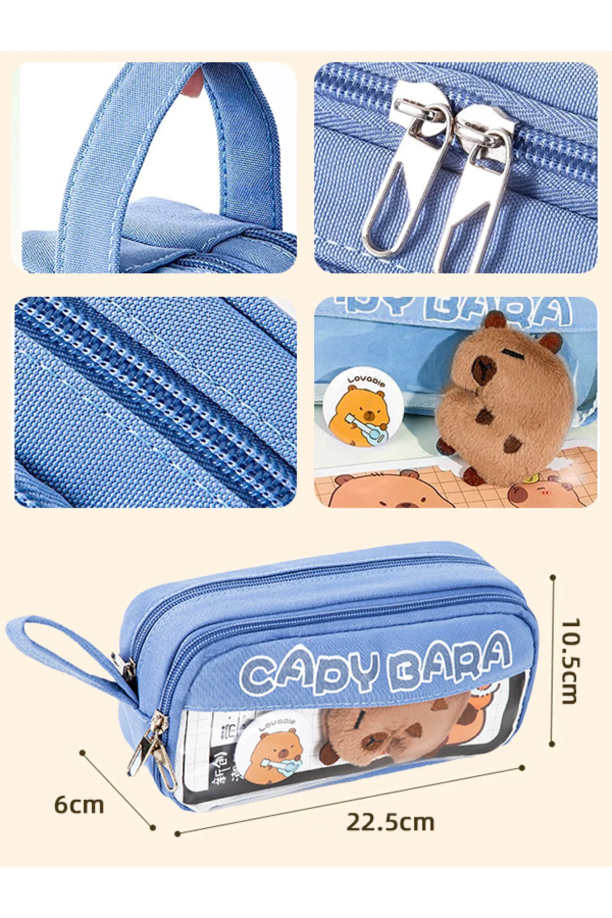 Capy Bara-40 Kalem Kapasiteli Çift Katlı Kalemlik Rastgele Broş & Oyuncak Mavi