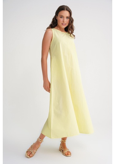 4690 Kadın Bisiklet Yaka Sıfır Kol Midi Paraşüt Elbise Sarı Sarı