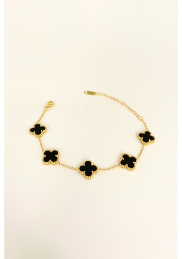 Gold Renkli Mineli Siyah Yonca Bileklik Altın