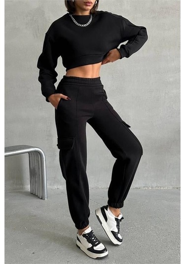 Dip Moda Kadın Bisiklet Yaka Crop Eşofman Takımı Dpnbg041 Siyah