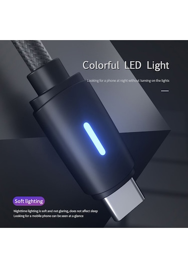 Geeksen Wsken Element Y1 2 Metre Siyah Type C Kablosu - 5a Süper Hızlı Şarj + Veri Transferi Rgb Led Işıklı Dayanıklı Nylon