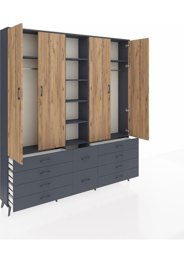 Arges Dolap 9 Raflı 10 Çekmeceli 2 Askılı 220x30x243 Antrasit-çam/antrasit Atlas Çam/antrasıt