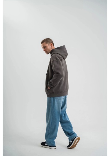 Unisex Uzun Kol Kapşonlu Yıkamalı Nakışlı Sweatshirt - Füme Füme