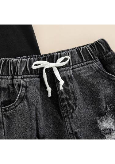 Yuvarlak Yaka Kısa Kollu Tişört Yırtık Kot Pantolon Bebek Erkek Alt Üst Takım Siyah