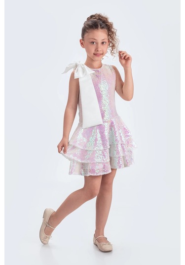 Etekli Şık Elbise Pullu 3 Kat Beyaz