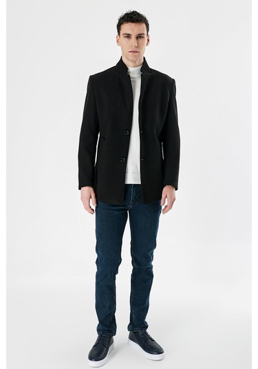 Siyah Kaşe Dik Yaka Astarlı Slim Fit Dar Kesim Casual Mont 1007235170-Siyah