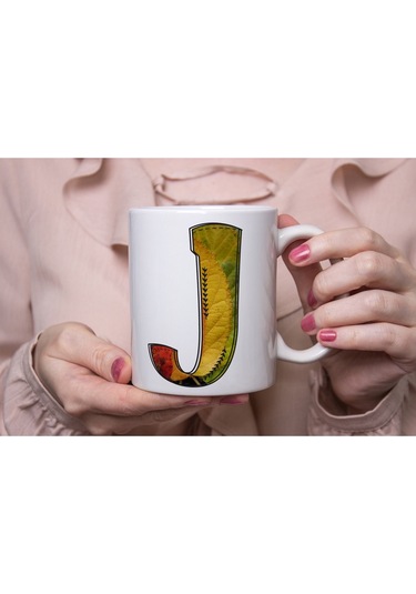 J Harf Yaprak Renkleri İle Kupa Bardak - Kişiye Özel Alfabe Harfli Bardak - Hediye Beyaz