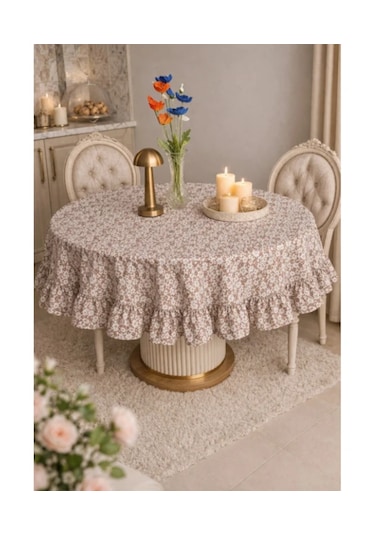 Fırfırlı Yuvarlak Masa Örtüsü Vintage 130 X 130 Cm Bej