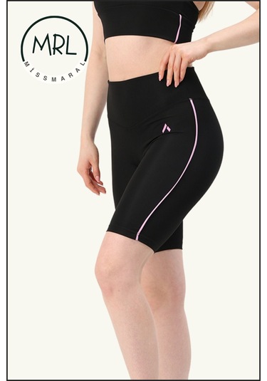 Kadın Siyah Yüksek Bel Toparlayıcı Biker Şort Kısa Spor Tayt Likralı Dalgıç Biker Tights 1043 Siyah Lila