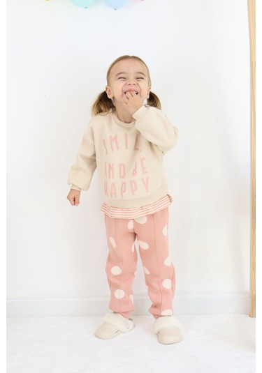Kız Çocuk Smile And Happy Baskılı Kalın Eşofman Takımı Ekru