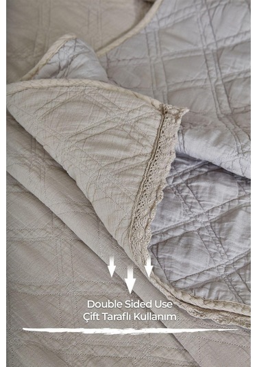 Evlen Home %100 Pamuk Çift Kişilik Özel Taş Yıkama Nevresimli Yatak Örtüsü Seti 7 Parça Yumuşak Barbara Bej