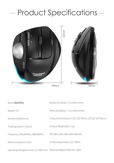 Zelotes F-33 Trackball 2d3d Profesyonel Bluetooth Kablosuz Mouse