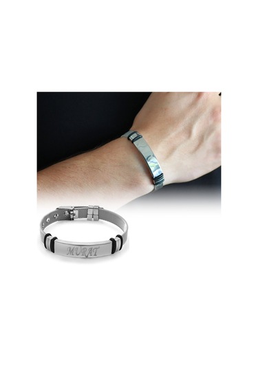 Tesbihane Kişiye Özel İsim Yazılı Silver Çelik Erkek Hasır Bileklik