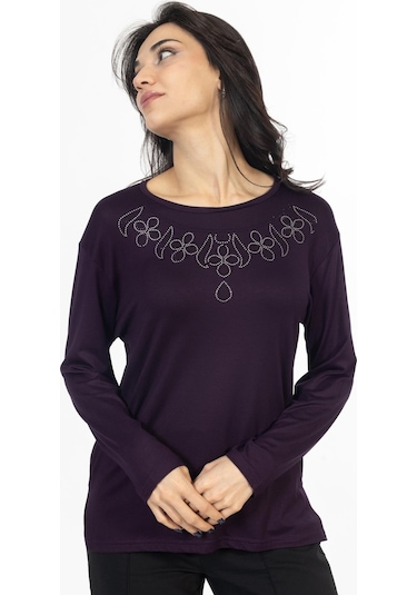 Yeni Model Taş İşlemeli Yuvarlak Yaka Likralı Anne Penye Bluz 6435-mürdüm