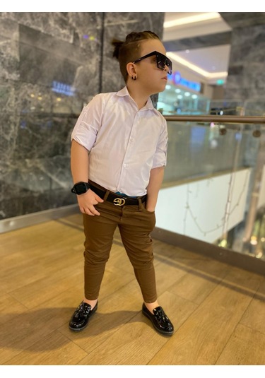 Modavals Erkek Çocuk 3 Parça Gabardin Pantolon & Gömlek & Kemer Kombin-beyaz-745236982 Taba