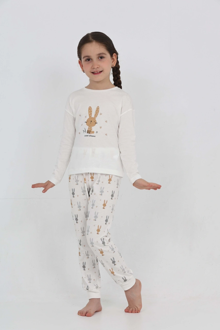 Toontoy Kız Çocuk Tavşan Baskılı Pijama Takım Ekru