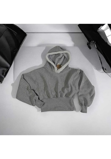 Kapüşonlu, Korse Tarzı Gri Sweatshirt. Gri