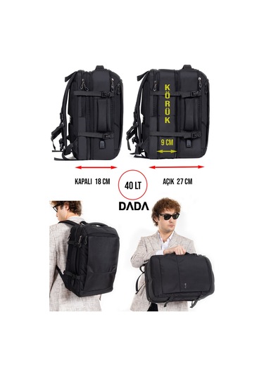Körüklü Laptop Sırt ve Seyahat Çantası 15,6 İnç 40 Litre Usb Su Geçirmez Kumaş Siyah Dada 12