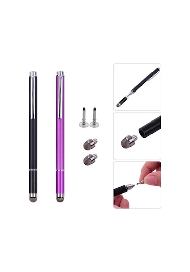 2 Adet Metal Dijital Kalem: Nanofiber Uç + Sıçrama Uçlu, Telefon-bilgisayar Uyumlu, Takma Uçlar Ve Klips İle Siyah/mor