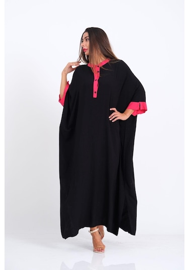 Kadın Siyah Sırtı Palmiye Nakışlı Yarasa Kol Oversize Uzun Elbise - Sıyah