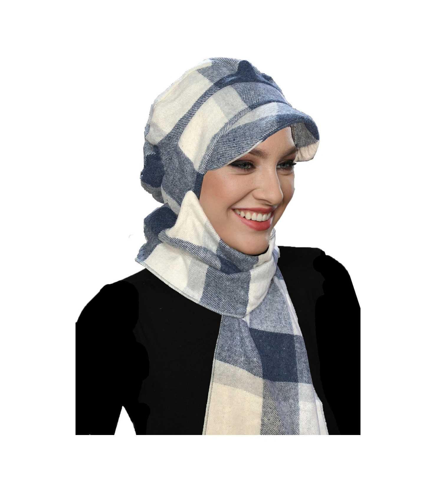 Yün Kasket Şapka Atkılı Ekose Desenli Mavi-krem Hazır Türban Tesettür Bone Bere Mavi-krem