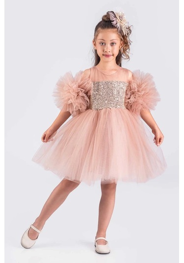 Kız Çocuk Abiye Elbise Ponpon Kol Pul Payetli Tütülü Pudra