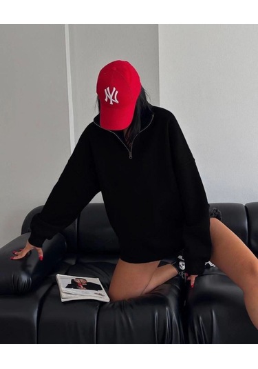 Mbb E-ticaret Kadın 3 İplik Pamuklu Oversize Yarım Fermuarlı Yakalı Basic Sweatshirt - Siyah