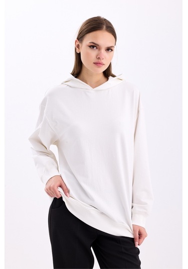 Pastelastore Pamuklu Kapüşonlu 2 İplik Baharlık Oversize Sweatshirt Ekru