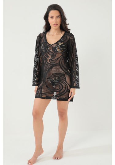 Kolları Volanlı Şal Desen Elbise Siyah