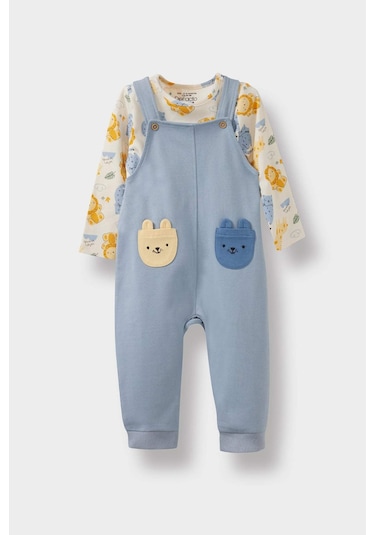 Defacto Erkek Bebek 2li Takım Safari Baskılı Uzun Kollu Tişört Salopet F2208a525aube523 Mavi