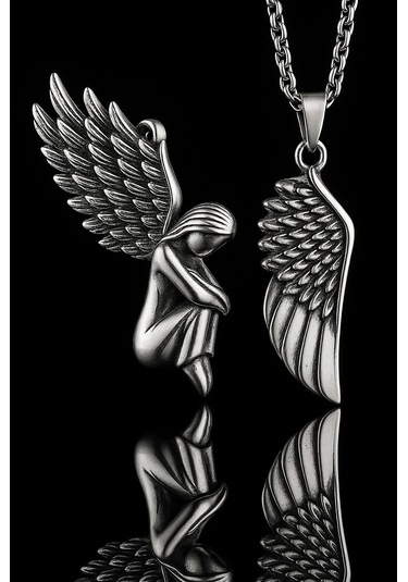 Çiftlere Özel Melek Kanadı & Diz Çöken Melek Kolye Seti Gümüş