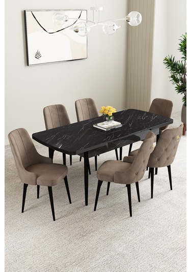 Mabel Siyah Mermer Desen 80x132 Açılabilir Yemek Odası Takımı 6 Adet Sandalye Cappucino
