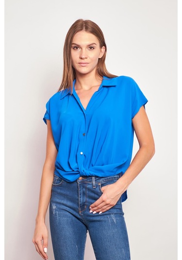 Likrasız Şık Kumaş Yakalı Düşük Omuzlu Önü Pileli Gömlek-Sax Sax