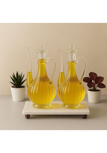 Qerhome Mermer Stantlı Borosilikat Cam Glorry Cam Yağlık 700 Ml+700 Ml Çizgili Tasarım Şeffaf