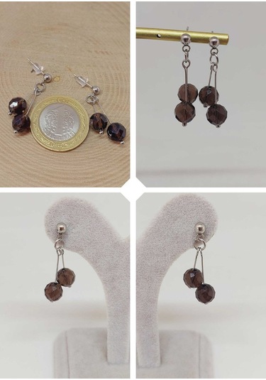 Doğaltaş Silver Çelik Küpe - Dumanlı Kuvars Taşı Kiraz Serisi 55656 Çok Renkli