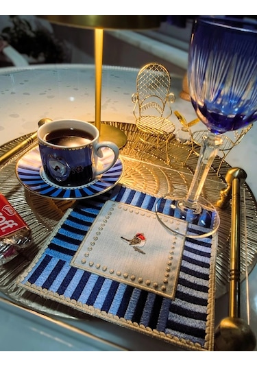 2 Adet Mavi Pip Studio Uyumlu Nakışlı Love Bird Detaylı Kokteyl Sunum Peçetesi Çok Renkli