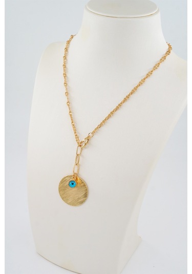 Kadın Özel Tasarım Nazar Boncuklu ve Yuvarlak Plakalı Kolye - ALTIN Gold