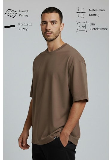 Allunique Erkek Pamuklu Oversize Bisiklet Yaka Kahverengi T-shirt