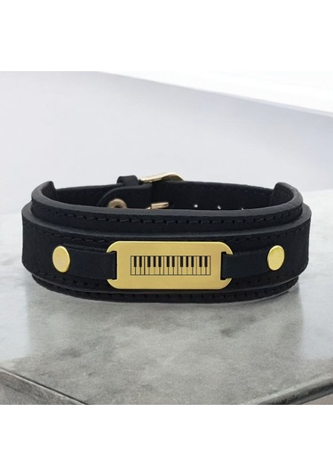 Archin Piyano Temalı Oval Motifli 14 Ayar Altın Plakalı Doğal Siyah Derili Hediye Bileklik-438sembol Piyano