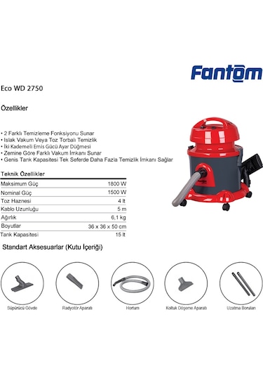 Fantom Eco WD 2750 1800 W Islak - Kuru Elektrikli Süpürge