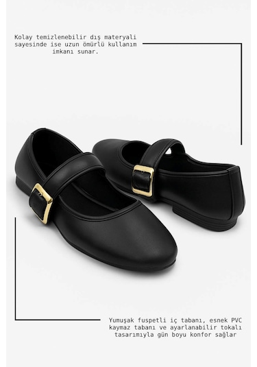 Günlük Bej Kadın Babet Oval Burun Tokalı Sade Kemer Kısa Topuklu Ev İş Ofis Hafif Ayakkabı 210 Siyah