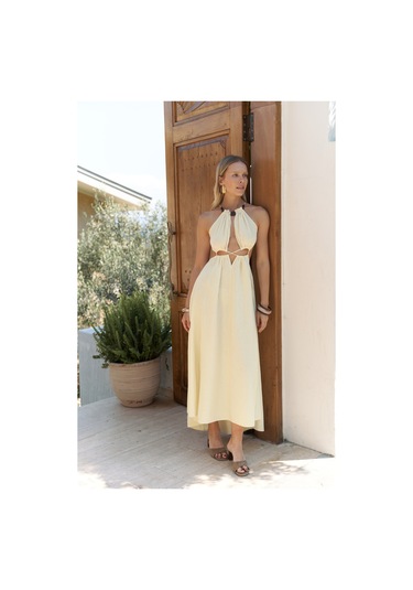 Bunina Bağcıklı Boncuk Detay Sarı Uzun Elbise sarı