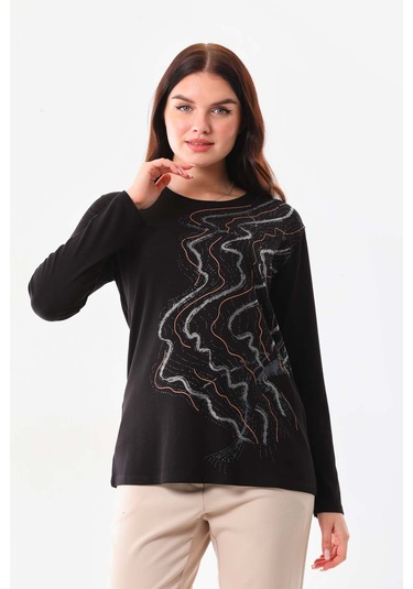 Sistas Kadın Desenli Bisiklet Yaka Uzun Kollu Bluz 23636 Siyah