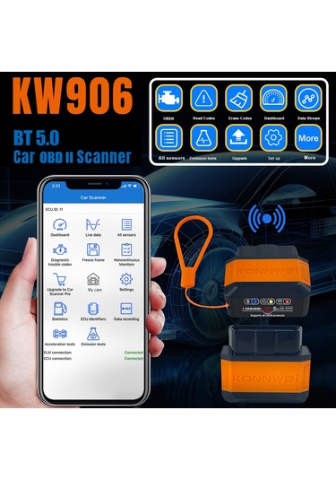 Tenfowee Konnweı Kw906 Bluetooth 5.0 Obd Araç Arıza Tarayıcısı, Android & İos Uyumlu, Portakal Renk